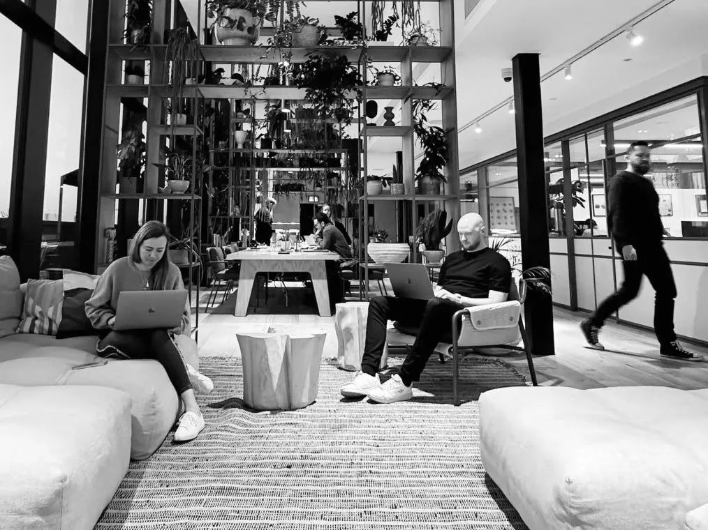 Black and white photo of people working on laptops in a modern, plant-filled co-working office lounge.