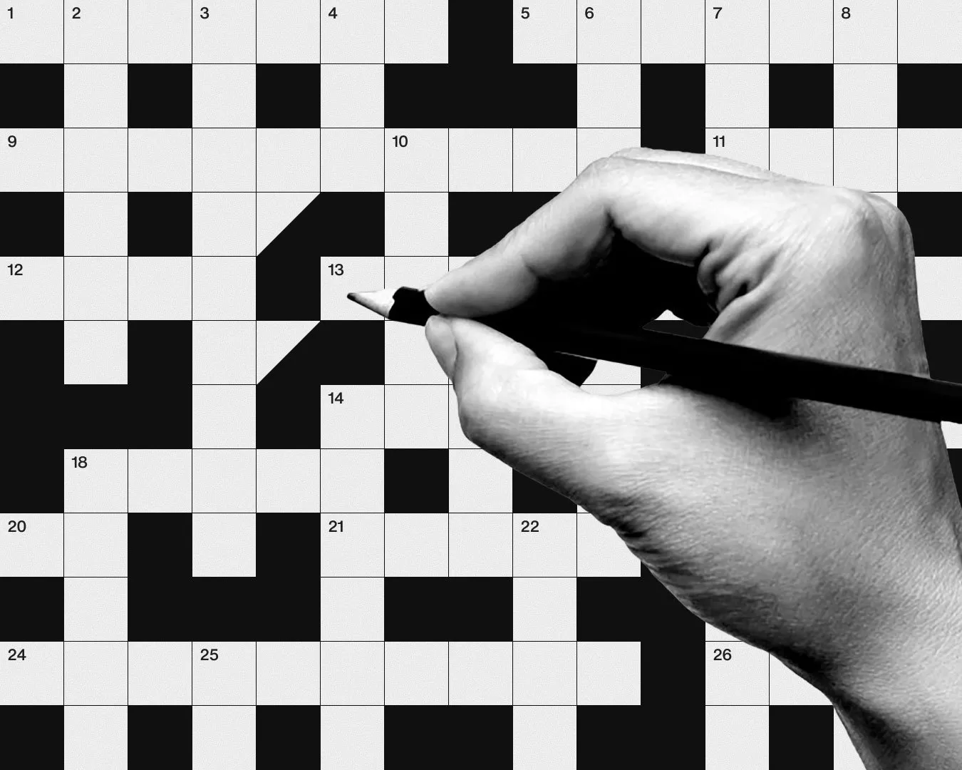 A hand holding a black pen draws on a black and white checkerboard grid with numbers in some of the squares.