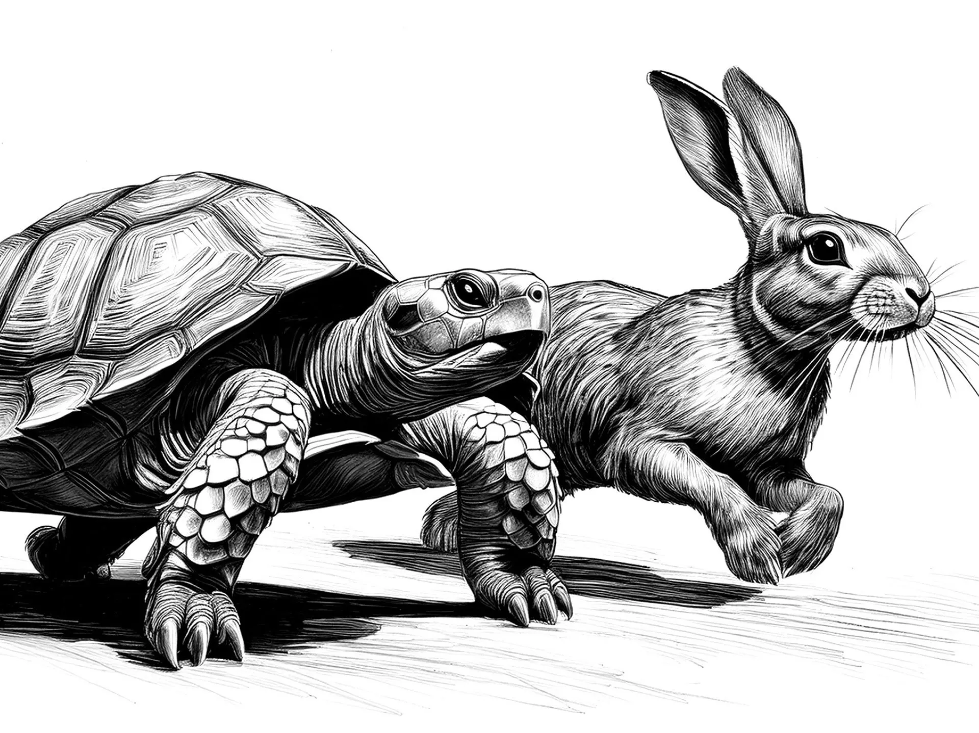 A black-and-white ink illustration of a tortoise and a hare racing side by side against a white background.