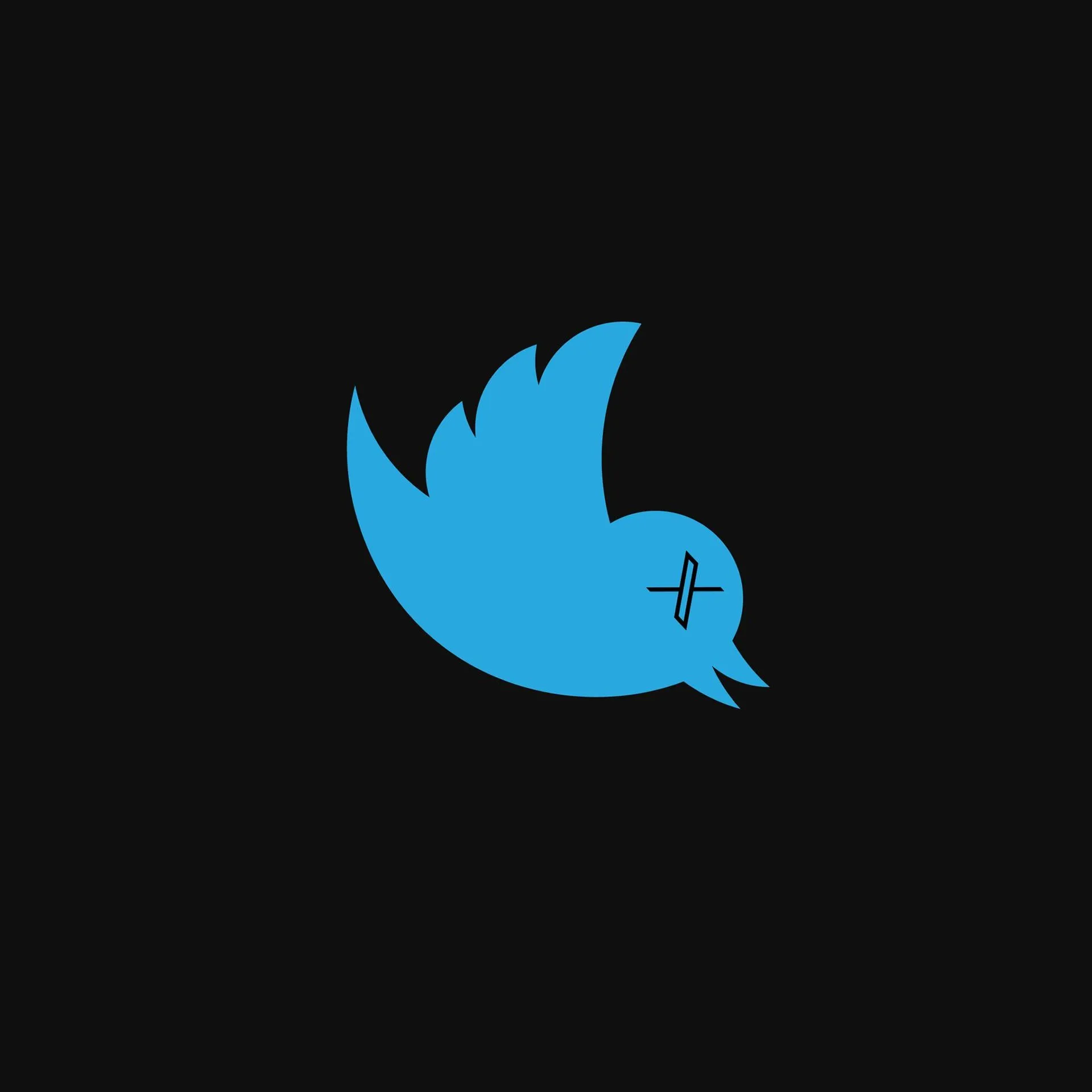 The blue Twitter bird logo lying upside down against a black background with an X symbol over its eye, representing the dead bird rebrand to X.