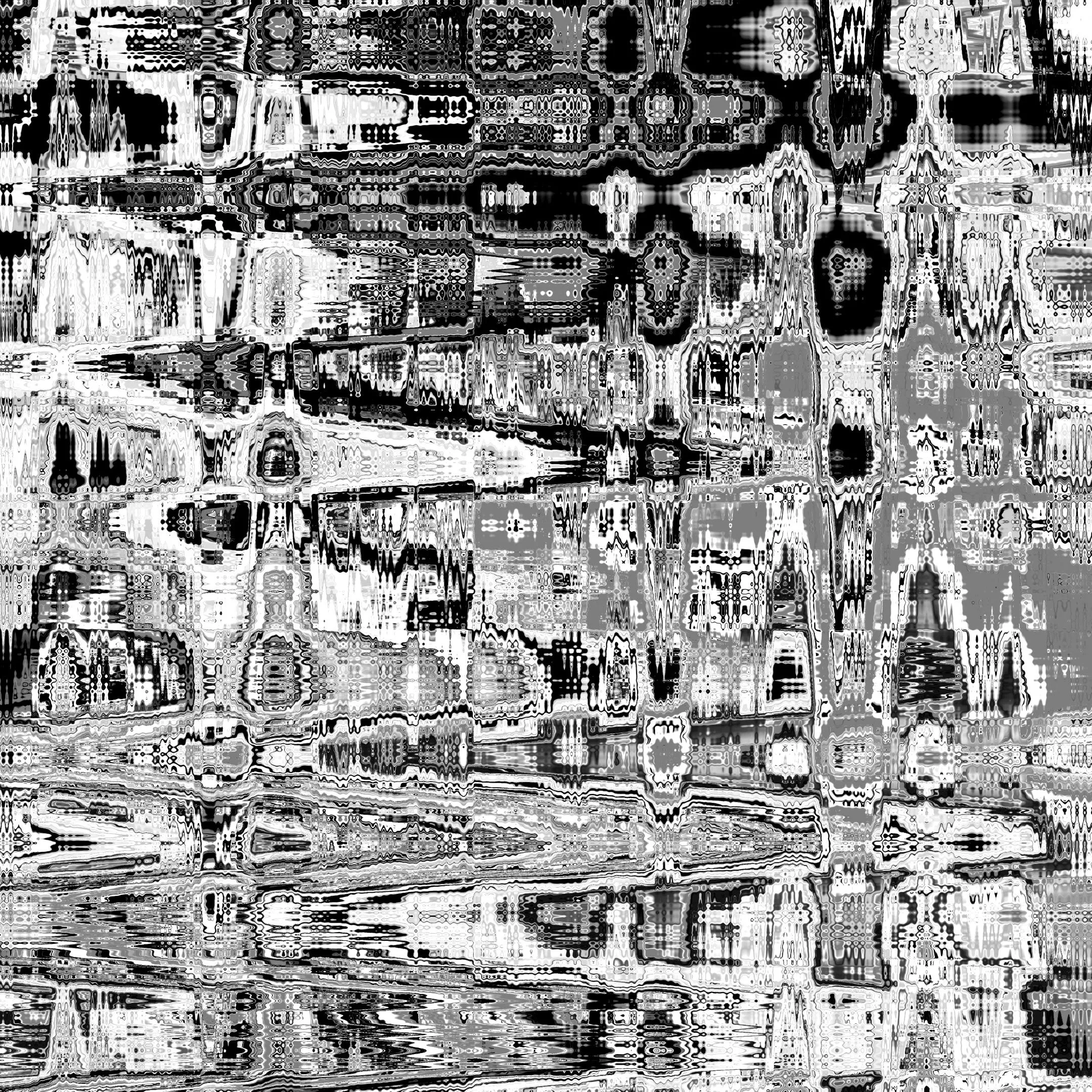 Abstract black, white, and gray glitch-style pattern with wavy horizontal bands and fragmented textures.