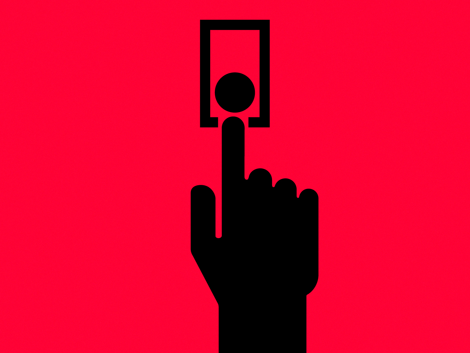 Minimalist black silhouette of a hand pressing a circular button inside a rectangular frame against a bright red background.