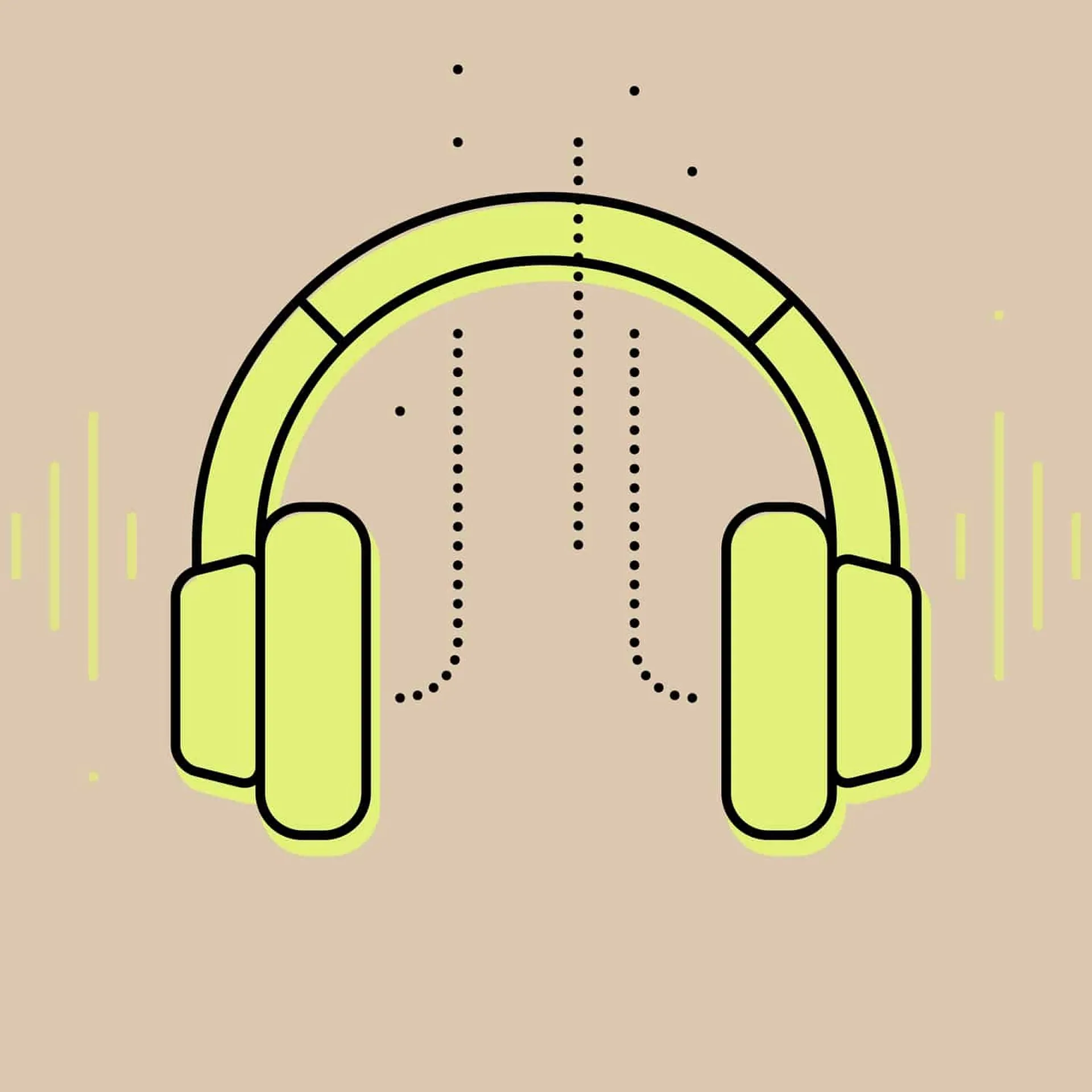 Illustration of light yellow over-ear headphones centered on a beige background, surrounded by dotted lines and sound wave graphics.